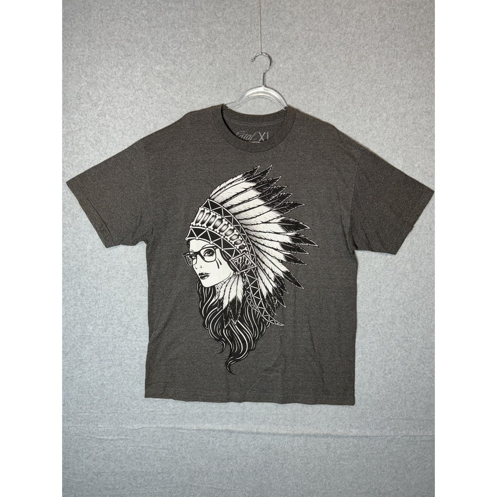 Fatal Clothing Shirt Mens XL Gray Graphic‎ Feather Headdress Hipster Glasses Tee